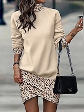 economico Abito Floreale-Per donna Mini Abito Tubino Casual Quotidiano Vestibilità regolare Floreale A righe Manica Lunga Collo Alto Nero Bianco Giallo Albicocca Primavera Autunno Inverno