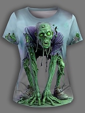 billige Halloween topper-Halloween Dame T skjorte Grafisk Hodeskaller Fritid Morsom Kortermet Crew-hals Rund hals Vanlige topper Daglig Ut på byen Helg Trykt mønster Gul Blå Lilla Grønn Sommer