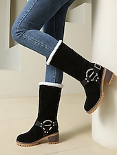 baratos Botas de neve e inverno-Botas femininas de camurça sintética com punho e fivela de pele de carneiro – botas casuais de inverno com salto grosso para atividades ao ar livre, viagens e looks aconchegantes
