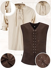 זול תלבושות-רטרו\וינטאג' ימי הביניים רנסנס מִכְנָסַיִים תלבושות חגורת מותניים פיראט ויקינג תחפושות בגדי ריקוד גברים ויקינג האלווין (ליל כל הקדושים) קרנבל נשף מסכות הצגה נשף מסכות LARP מבוגרים חולצה מכנסיים חגורה