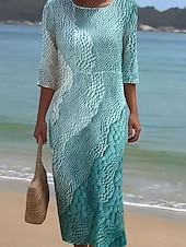 billiga Konst och design klänningar-Kvinnors Maxiklänning Kaftan 3/4 Lång Ärme Crew Neck Avslappnad Klänning A-linjeformat Klänning Boho Regelbunden Passform Grafisk Geometrisk Abstrakt Rosa Blå Lila Grön Vår Höst