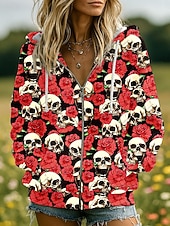 baratos Sweatshirt e Hoodie de Halloween-Mulheres Moletom com zíper Gráfico Caveiras Abóbora Moda Casual Manga Longa Com Capuz Tops regulares Rua Dia a Dia Zíper Bolsos Imprimir Preto Vermelho Laranja Marron Cinzento Primavera Outono Inverno