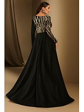 baratos Vestidos de noite com cintura império-Vestido de noite elegante com apliques de renda e lantejoulas, corte A, comprimento até o chão, manga comprida, decote canoa, cetim com pregas 2025