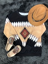 abordables Tops Boho-Mujer Sudadera Retazos Estampado Graphic Geométrico Tribal Cálido Activo Vintage Manga Larga Cuello Barco Tops regulares Casual Calle Uso Diario Verde Trébol Caqui Gris Primavera Otoño Invierno