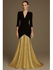 economico Vestiti da sera-abito da sera elegante a sirena con paillettes nere, oro e argento, abito formale da sposa, lunghezza al pavimento, manica a 3/4, scollo a V con pieghe 2025