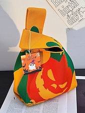 levne Tašky-Dámská halloweenská taška – pletená kabelka se vzorem dýně a netopýra na koledování, ležérní opakovaně použitelná taška přes rameno na párty, nákupy a vánoční dárek