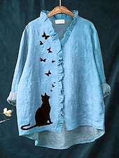 billige Dyr Topp-Dame Bluse Grafisk Katt Sommerfugl Elegant Bohem Aktiv Langermet V-hals Lange topper Daglig Ferie Ut på byen Drapering Gul Rosa Blå Lilla Grønn Vår Høst