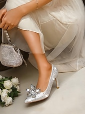 economico Formale-décolleté con tacco alto impreziosite da cristalli dorati da donna - stiletti a punta con strass scintillanti per matrimoni, feste serali e occasioni formali