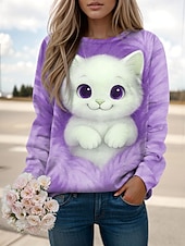 economico Animali Tops-Per donna Felpa Pullover Stampato Grafico Animale Gatto Casual Manica Lunga Girocollo Top Regolari Casuale Streetwear Ferie Blu Rosa Viola Verde Primavera Autunno Inverno
