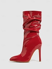 levne Slouch Boots-Dámské červené lakované kotníkové boty na jehlovém podpatku z umělé kůže se zapínáním na zip - stylová obuv na podpatku pro každodenní nošení, do nočních klubů i na diskotéku