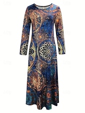 preiswerte Boho Kleid-Damen Maxikleid Shiftkleid A Linie Kleid Lässig Boho Täglich Date Ausgehen Normale Passform Blumen Grafik Batik Langarm Rundhalsausschnitt Blau Frühling Herbst Winter