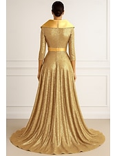 cheap A-Line Evening Dresses-A-Line Floor Length Evening Gown Ball Gown Formal Dress Elegant Glittering Silky Half Sleeve Lapel Formal Wedding Belt / Sash Sequined with Glitter Pleats