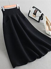 abordables Jupes unies-Femmes Jupe Occasionnel Maxi Taille Basse Jupes Uni Avec Poches Micro-Élastique Vacances Sortir Chameau Noir Automne Polyester