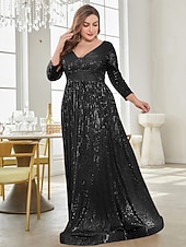 economico Semi-formale / Cocktail-Linea ad A Lunghezza al pavimento Abiti da festa Elegante Manica Lunga Scollo a V Formale Invitato a matrimonio autunnale Con Paillettes con Glitter Paillettes