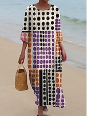 abordables Robe Rayée et Géométrique-Robe maxi femme Kaftan à manches 3/4 col rond robe décontractée robe shift A-line robe Boho quotidienne rendez-vous sortie géométrique brun foncé jaune rouge violet