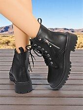 baratos Botas de combate-botas de combate femininas com cadarço - botas de cano curto com sola grossa, zíper lateral e detalhe de tira para roupas urbanas de rua e moda casual