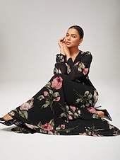 economico Abiti da festa-Abito per invitati in chiffon con volant floreale e maxi scollo a V. Abito per invitati