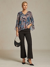  Жен. Бохо Рубашка Блуза Оборки Огурцы Винтаж Стиль На каждый день Длинный рукав V-образный вырез Обычные топы Повседневные Офис Свадебный гость Темно синий Лето Весна Осень