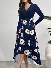 abordables Robes en chiffon-Femmes Robe Longue Maxi Robe Robe Imprimée Mode Extérieur Vacances Fête Coupe régulière Fleur manche longue Col en V Bleu Automne