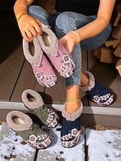 economico Scarpe di Natale per Donne-scarpe slip-on da donna con fodera in pelliccia ricamata rossa e motivo floreale, calde scarpe invernali per Natale, periodo festivo e abbigliamento casual