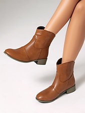 abordables Cowboy y botas occidentales-Botines de piel sintética color vino tinto para mujer: botas cortas de tacón bajo estilo western informal para el trabajo, viajes y atuendos cotidianos.