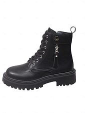 baratos Botas de combate-botas de combate femininas com cadarço - botas de cano curto com sola grossa, zíper lateral e detalhe de tira para roupas urbanas de rua e moda casual