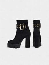 baratos Botas com salto-bota feminina plataforma de camurça preta com salto grosso e fivela dourada &amp;fecho de zíper - festa ousada &amp;calçados de concerto para looks de outono e inverno