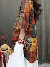 economico Camicie-Per donna Camicie di cotone e lino Floreale Grafico Bohemien Elegante Essenziale Manica 3/4 Scollo a V Top Regolari Quotidiano Stampato Rosso Verde Estate Primavera