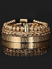 economico Gioielli da uomo-set di bracciali da uomo in acciaio inossidabile dorato: bracciale a 3 pezzi con corona di perline, polsino intrecciato e bracciale con numeri romani per abiti alla moda, feste e occasioni speciali