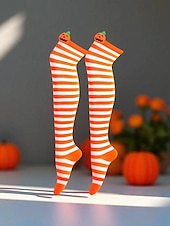 tanie Akcesoria Halloween-Damskie skarpetki za kolano na Halloween - bawełniane, długie pończochy w paski z uroczym wzorem dyni, zabawne i wygodne, nowatorskie pończochy na imprezy kostiumowe, cosplay i wydarzenia świąteczne