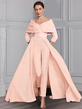 billige Mammas jumpsuits-Jumpsuit Mor til Bruden Formell Bryllupsgjest Elegant Fest Skjort Utringning Off Shoulder Ankellang Stretch Stoff 3/4 Lengde Ermer med Belte  Bånd