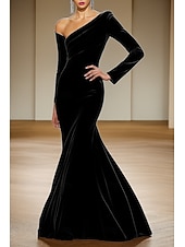 preiswerte Meerjungfrau Abendkleider-grün schwarz Meerjungfrau/Trompete Abendkleid elegantes Kleid formelle Hochzeit bodenlang langarm schulterfrei Samt mit Falten 2025