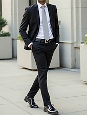 abordables Blazers Clásicos para Hombres-Hombre chaqueta Conjunto Negocio Fiesta de Cóctel Fiesta de Boda 2 Piezas Moda Casual Primavera Otoño Poliéster Plano Bolsillo Botones Cómodo Botonadura Simple Chaqueta de sport Negro