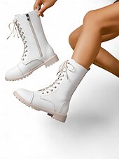 baratos Botas de combate-Botas de combate femininas brancas com cadarço e zíper lateral, calçados urbanos estilosos
