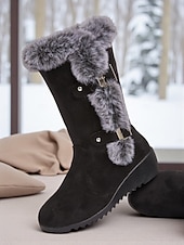 זול מגפי שלג וחורף-מגפי חורף שחורים לנשים עד אמצע השוק - מגפי שלג עם בטנת פרווה רכה, עקב טריז נגד החלקה, נעלי טרקים וטיולים חמות