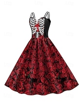 女性用スカルプリントミニドレス Aラインドレス カジュアル デイリー ホリデー レギュラーフィット スカル ノースリーブ スパゲッティストラップ ブラック ホワイト ワイン サビレッド 夏 春 秋 お買い得  頭蓋骨と骨のドレス-女性用スカルプリントミニドレス Aラインドレス カジュアル デイリー ホリデー レギュラーフィット スカル ノースリーブ スパゲッティストラップ ブラック ホワイト ワイン サビレッド 夏 春 秋