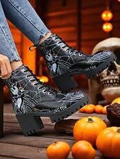 abordables Pour les femmes-Bottines de combat à talons épais pour femmes, motif tête de mort d&#039;Halloween et toile d&#039;araignée – bottines gothiques à lacets pour cosplay, porte-bonheur et mode automnale effrayante