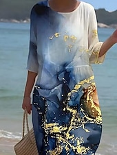 levne Šaty umění a designu-Dámské midi šaty s boho výstřihem a 3/4 rukávem, modré šaty s ramínky, áčkové šaty, ležérní, na rande, volný střih, květinový vzor