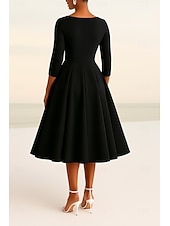 cheap Tea Length-Black Tuxedo Dress A-Line Mother of the Bride Dress Portrait Collar Stretch Crepe Elegant Simple Minimalist Satin Lapel Stretch Fabric 3/4 Length Sleeve with Solid Color 2025