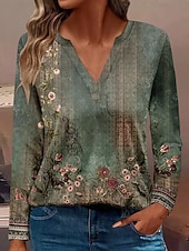 abordables T-shirt floral-Femmes T-shirt Fleuri Occasionnel manche longue Encolure en V Hauts Réguliers Quotidien Boutons Imprimé Rouge Bleu Violet Vert Printemps Automne
