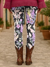 tanie wzór kwiatowy-Damskie Getry Urlop Zabytkowe Moda Do kostek Wysoka talia Kwiaty Graficzny Drukowanie Keep Warm Miękka Oddychający Elastyczny Formalny Na zewnątrz Urlop Żółty Fioletowy Pomarańczowy Zielony Lato