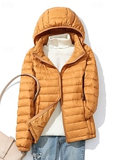 preiswerte Puffers &amp; Parka-Damen Daunenjacke Warm Bequem Reißverschluss Tasche Mode Einfach Ausgehen Wochenende Reisverschluss Regulär Mit Kapuze Normale Passform Langarm Oberbekleidung Gelb Rosa Rote Herbst Winter