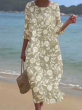 preiswerte Blumenkleider-Damen Maxi Kleid Kaftan 3/4 Länge Ärmel Rundhalsausschnitt Lässiges Kleid A-Linie Kleid Boho Lockere Passform Florales Grafik V-Ausschnitt Weiß Gelb Hellgrün Grün Frühling Herbst