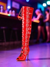baratos Festa da Vida Noturna-Botas femininas brancas com fivela alta na coxa - botas de festa sexy com salto agulha e peep toe para mulheres, calçados da moda gótico punk para boates, apresentações de palco e festivais