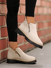 abordables Bottines-Bottines grises en similicuir pour femme – fermeture zippée latérale, semelle crantée antidérapante, style streetwear automne-hiver élégant