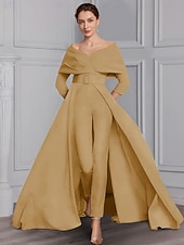 billige Mammas jumpsuits-Jumpsuit Mor til Bruden Formell Bryllupsgjest Elegant Fest Skjort Utringning Off Shoulder Ankellang Stretch Stoff 3/4 Lengde Ermer med Belte  Bånd