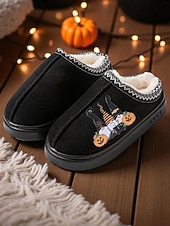 levne Pro ženy-Dámské halloweenské pantofle s plyšovou podšívkou - útulné domácí boty s potiskem dýní pro podzimní a sváteční dárky
