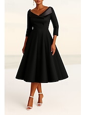 cheap Tea Length-Black Tuxedo Dress A-Line Mother of the Bride Dress Portrait Collar Stretch Crepe Elegant Simple Minimalist Satin Lapel Stretch Fabric 3/4 Length Sleeve with Solid Color 2025