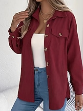 preiswerte Damen Einfache Oberteile-Damen Hemd Textur Bluse Bluse Einfach Modern Lässig Langarm Hemdkragen Normale Oberteile Täglich Ausgehen Tasche Knöpfe Schwarz Wein Khaki Herbst