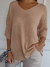 economico Colori solidi-Per donna Felpa Maglione Quotidiano Elegante Casual Tinta unica A Coste Scollo a V Lavorato a maglia Manica 3/4 Top Regolari Maglia All&#039;aperto Quotidiano Nero Bianco Estate Primavera